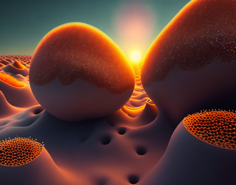 Surreal landscape with orange porous spheres under a warm sun