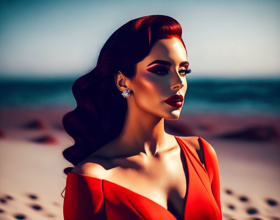 Red-haired woman in striking makeup and dress on beach backdrop