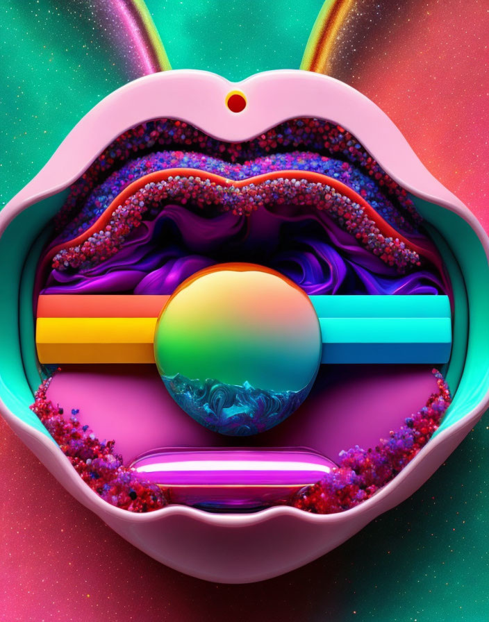 Colorful Psychedelic Mouth Artwork with Rainbow Tongue on Glittery Pink Teal Background