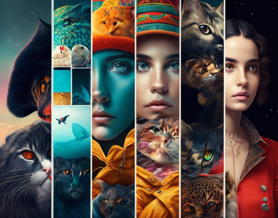 Multiple cat and woman images in colorful collage