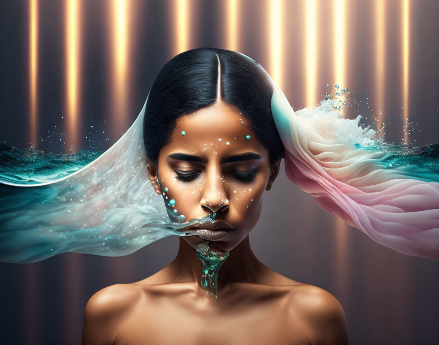 Surreal portrait of a woman with water flowing and hair transforming into waves