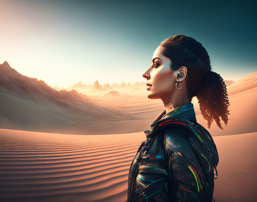 Futuristic woman in desert landscape at sunset