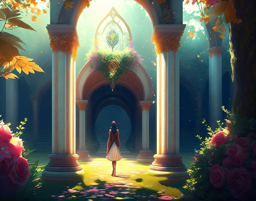 Young girl in sunlit overgrown ruin with arches and vibrant flowers