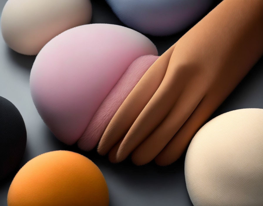 Close-up of human hand cradling pink egg among colorful eggs