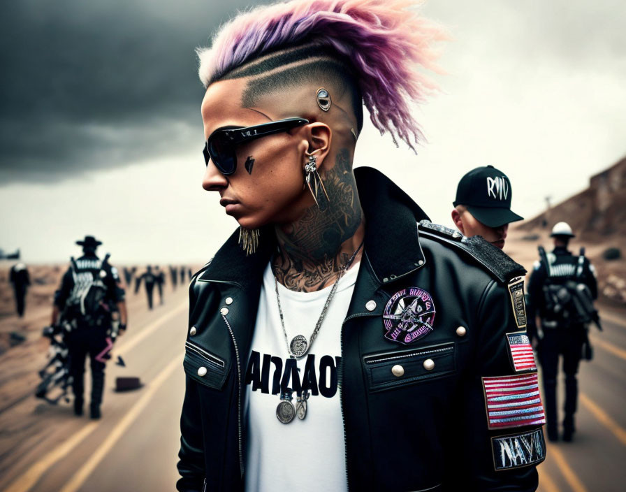 Purple Mohawk Person with Tattoos in Leather Jacket Surrounded by Bikers and Motorcycles