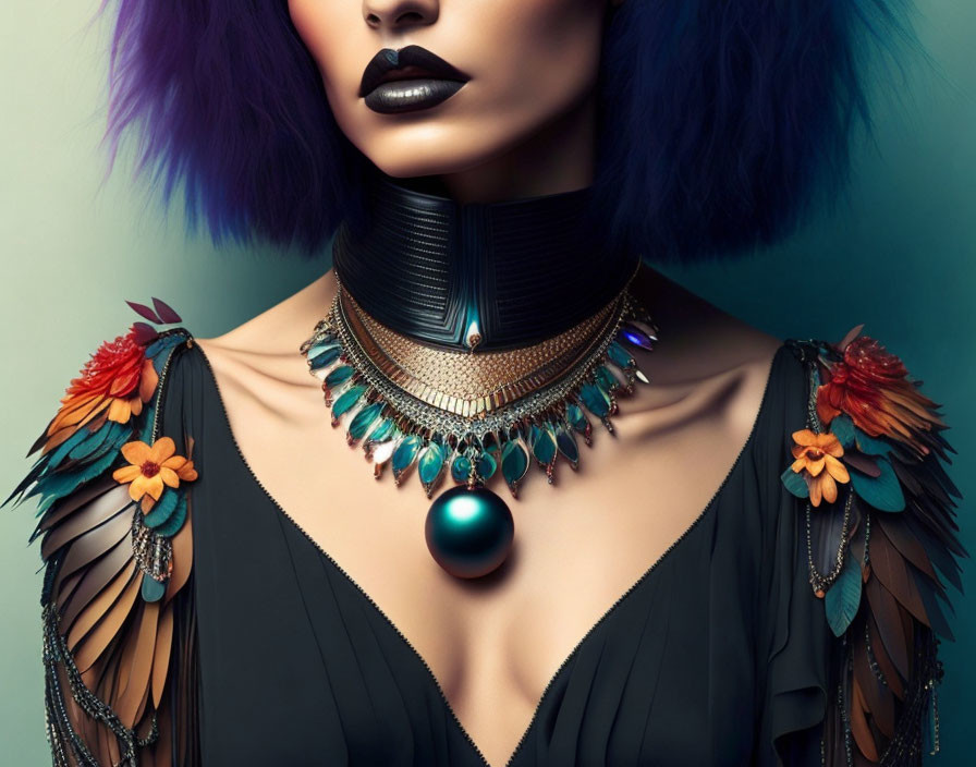 Purple-haired woman with ornate accessories on teal background