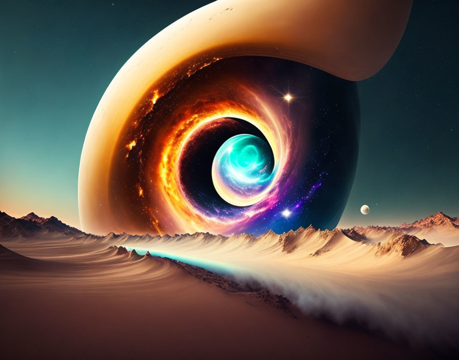 Surreal desert landscape with cosmic sky and swirling portal