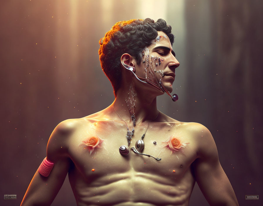 Cybernetic-enhanced shirtless man in digital art portrait