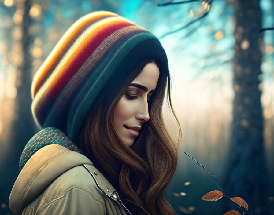 Woman with Long Hair in Striped Beanie in Autumn Forest