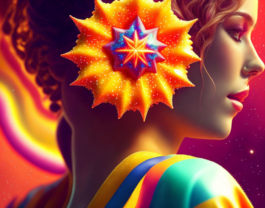 Colorful fractal design adorns woman in cosmic setting