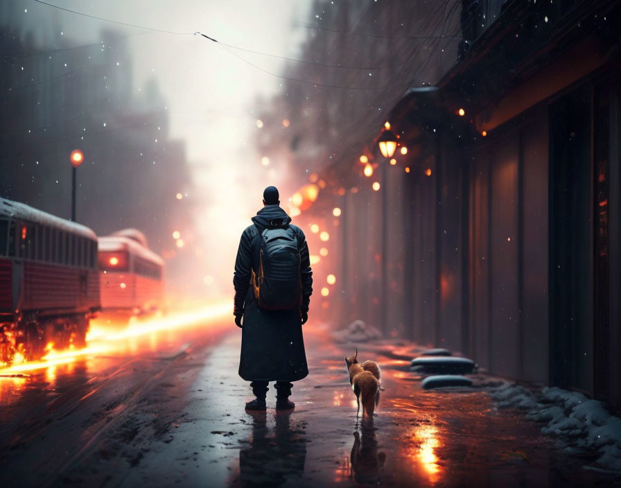 Person and small dog walking beside train on snowy street