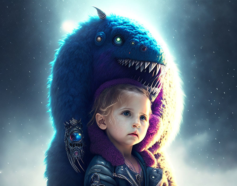 Young girl and furry monster under starry sky