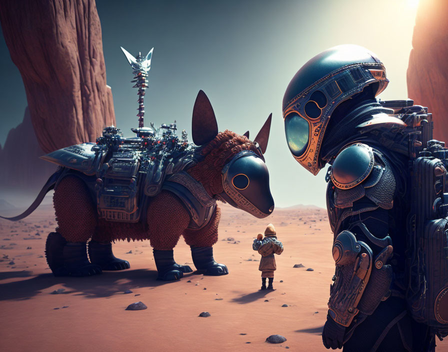 Astronaut encounters armored bull-like beast in alien desert landscape