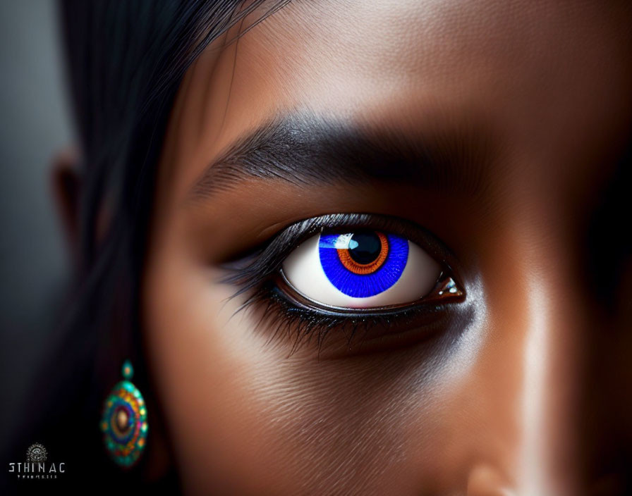 Detailed close-up of a person's striking blue iris and Indian-style ear jewelry.