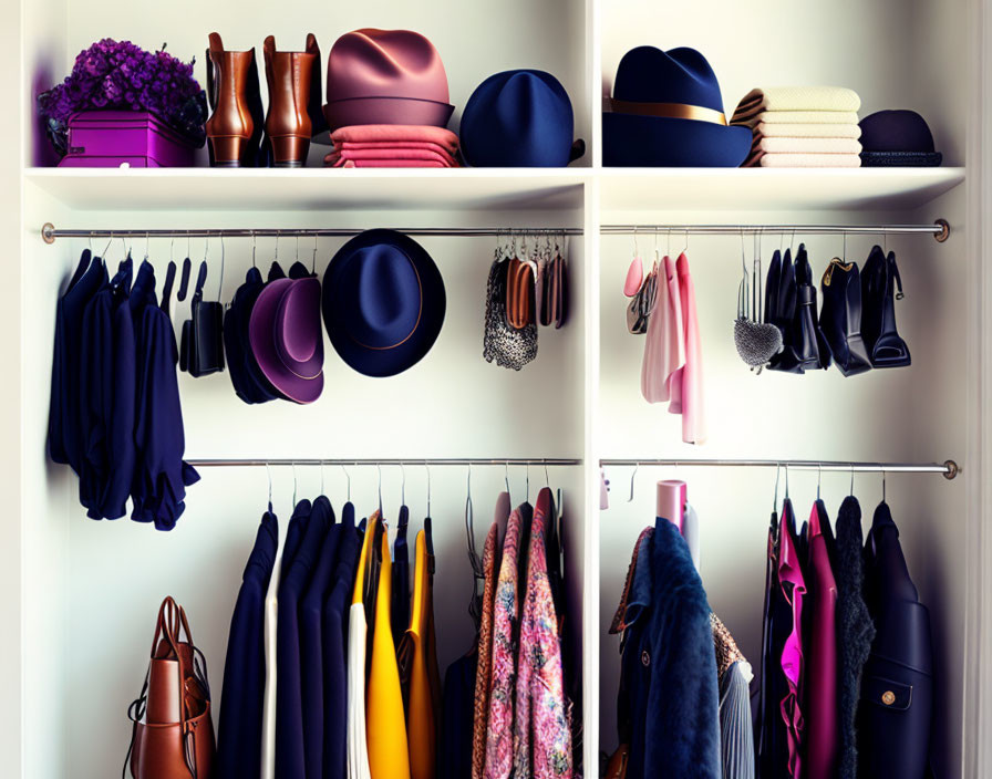 Closet Organization with Hats, Bags, Hanging Clothes, Coats, and Scarves