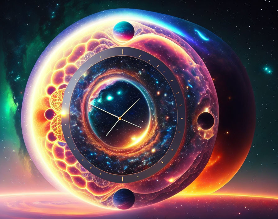 Clock merging with celestial bodies in vibrant cosmic scene