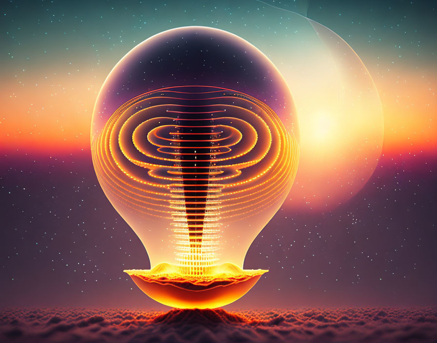 Surreal glowing lightbulb over desert landscape at dusk