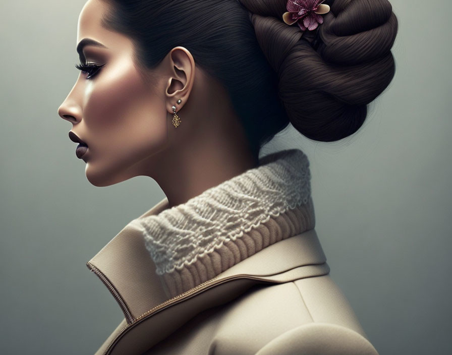 Woman's Profile Portrait with Elegant Bun Hairstyle and Flower Adornment