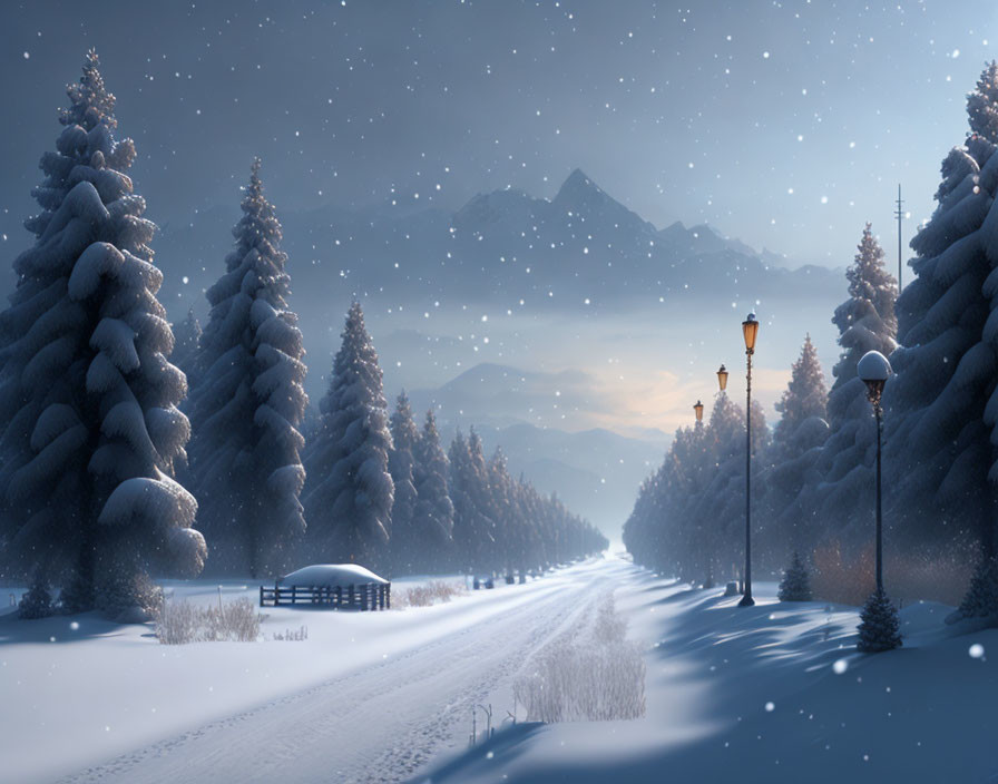 Snowy Trees, Pathway, Lamp Posts & Mountains in Winter Landscape