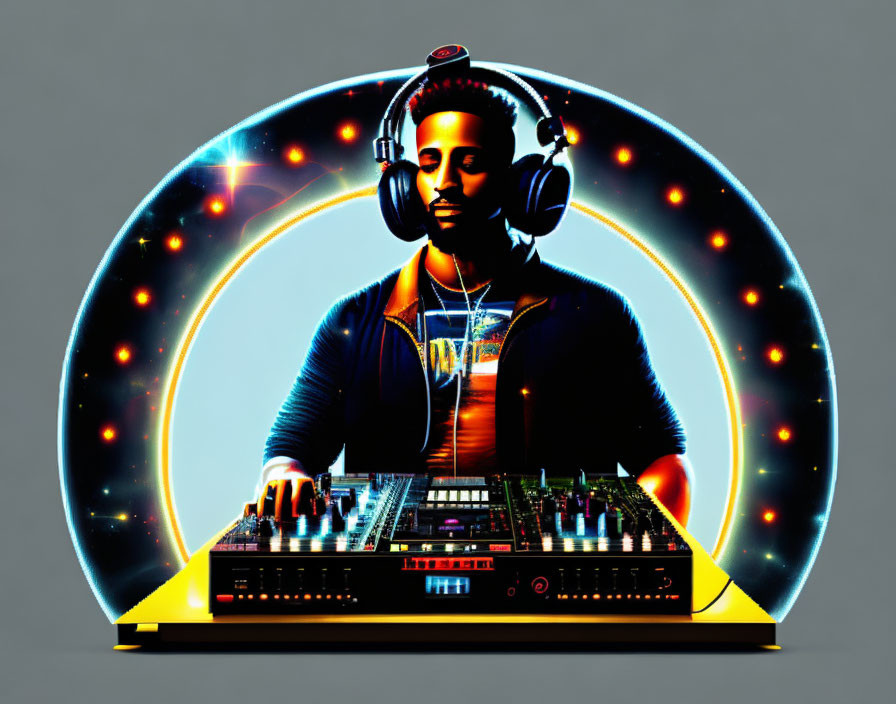 Digital illustration of DJ mixing tunes in neon-lit circular frame