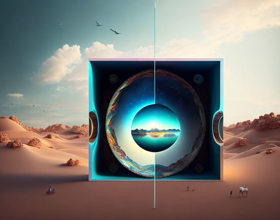 Surreal desert landscape with cube portal and cosmic scene observed by people, camels, and birds