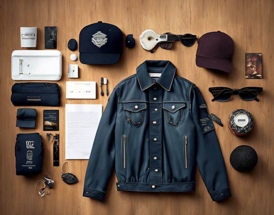 Flat Lay of Denim Jacket, Hats, Glasses, Headphones, Watch, and Accessories on Wooden