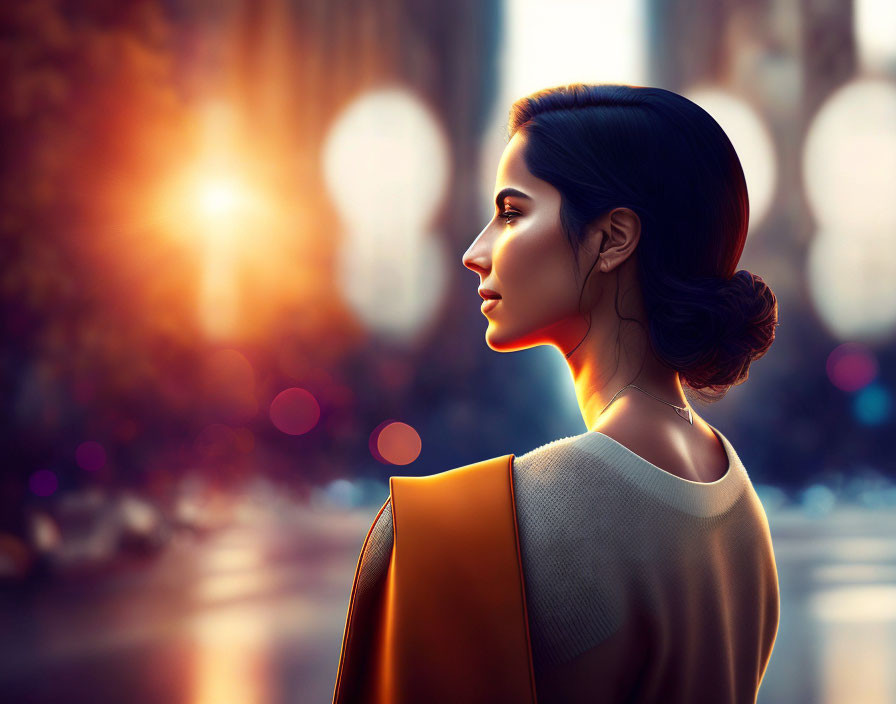 Woman in profile against sunset and city lights in serene urban setting