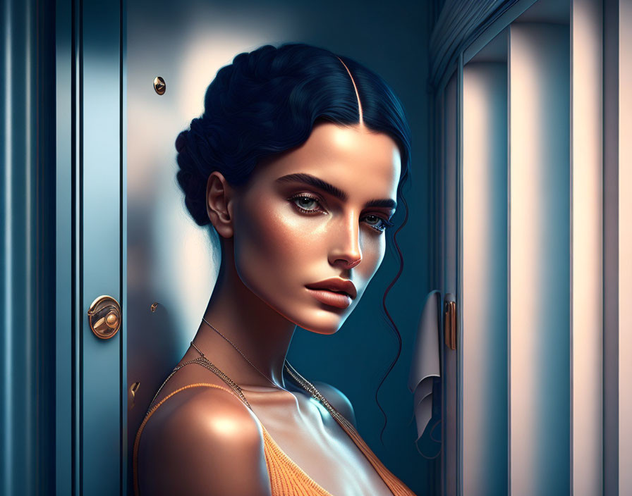 Dark-haired woman with updo and blue eyes at partially opened blue door