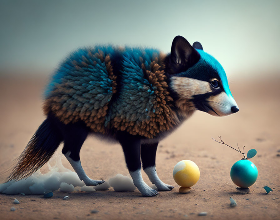 Digital artwork of a fox-bodied creature with a raccoon face and bird-like feathers, gazing at