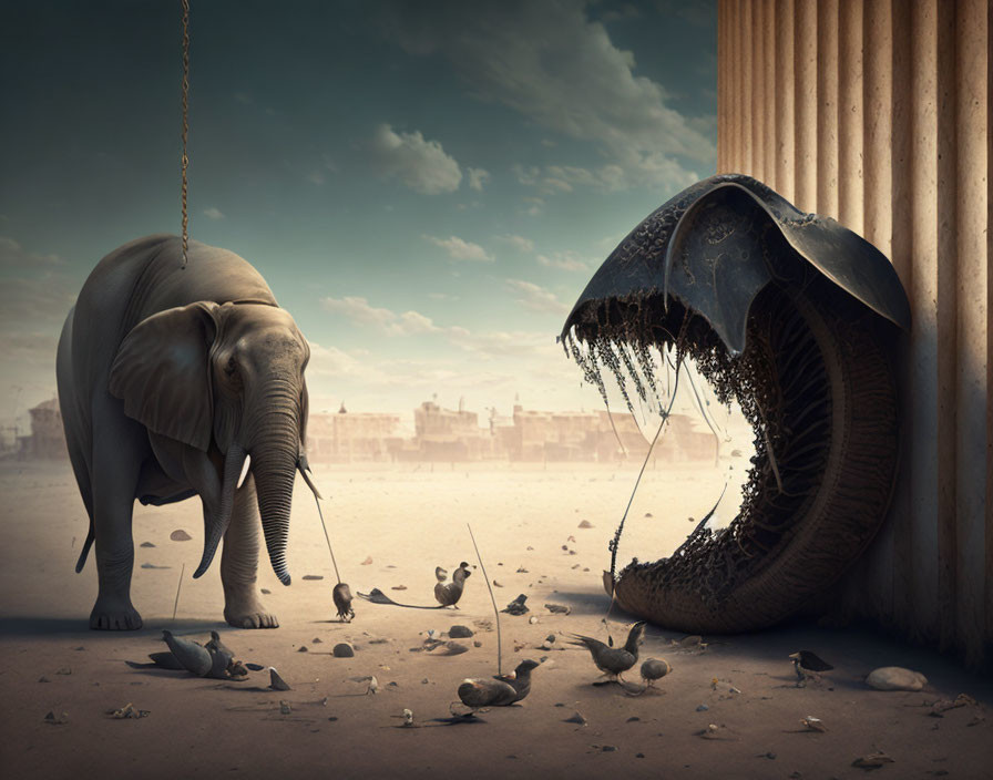 Surreal elephant scene with classical column and broken jawbone