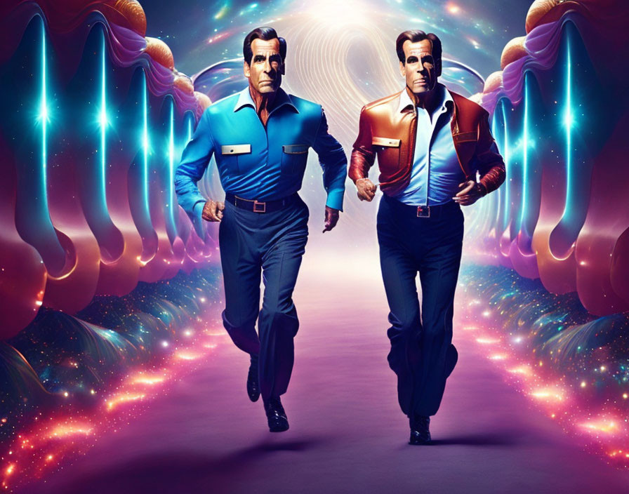 Stylized men in futuristic attire against cosmic backdrop