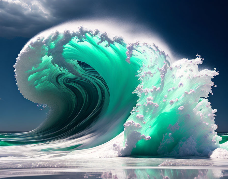 Vibrant turquoise and white wave crashing under clear blue sky