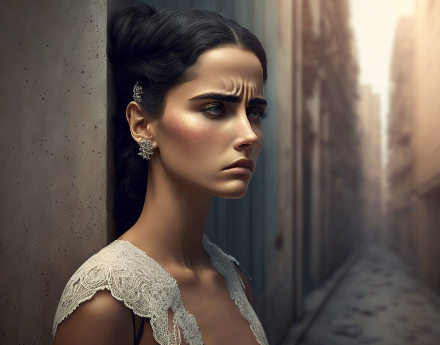 Dark-haired woman in alleyway with intense gaze