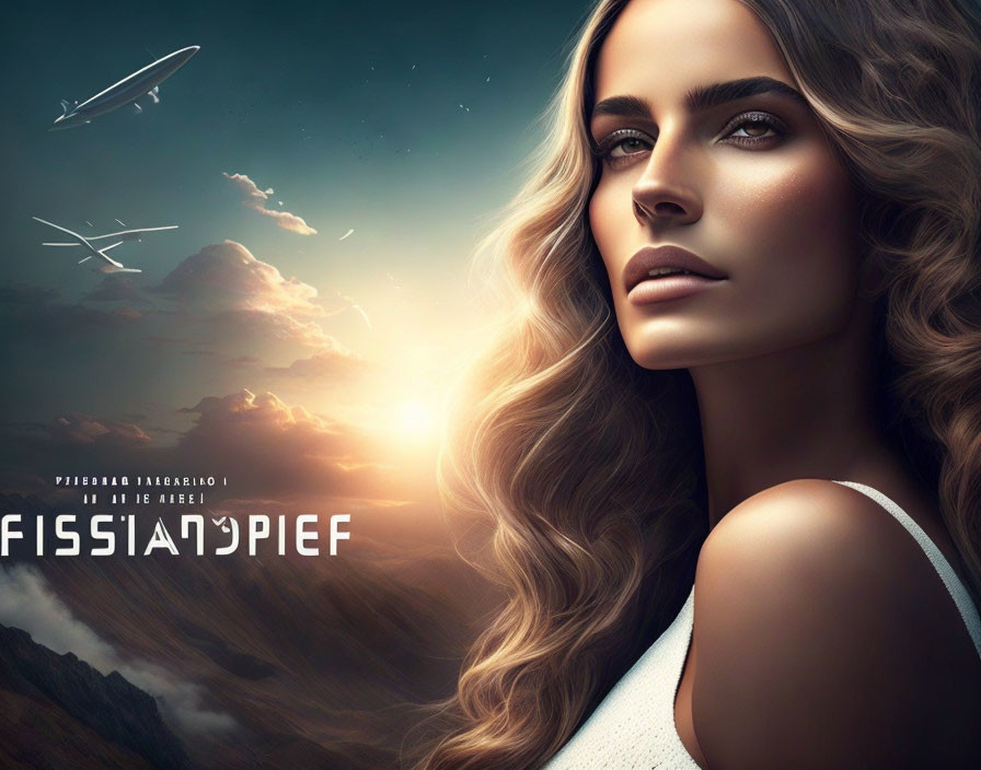 Woman's profile digital artwork with flowing hair in sunset sky with futuristic aircraft and clouds