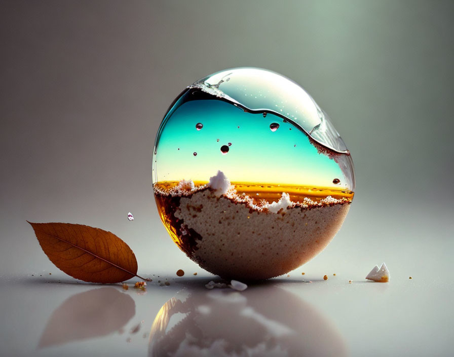 Crystal ball with liquid, sand, leaf, and shattered pieces miniature shore scene splashes