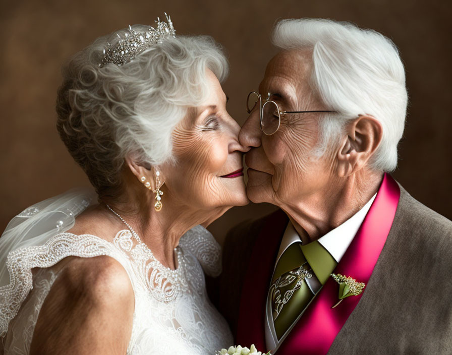 Elderly couple in wedding attire sharing a tender kiss