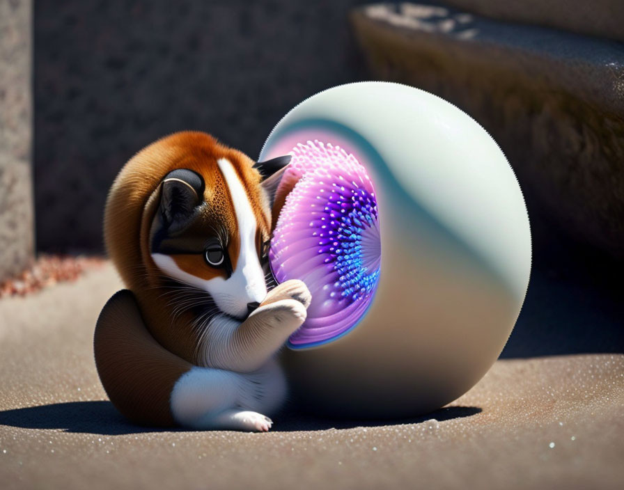 Brown and White Animated Fox Hugging Glowing Purple and Blue Orb