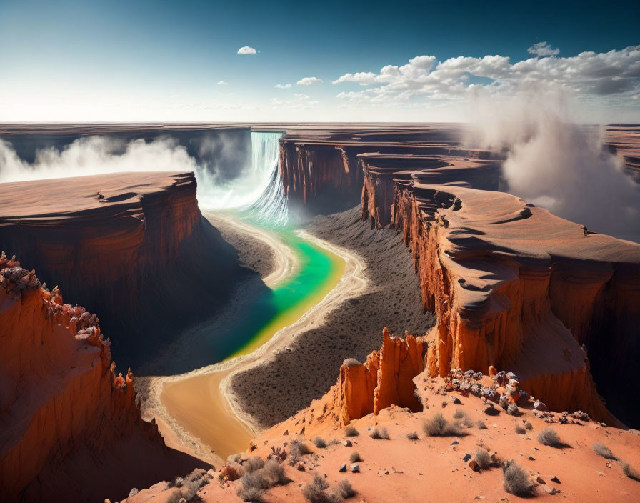 Surreal landscape with towering waterfall, river, canyons, and mist