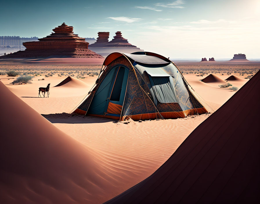 Desert sand dune tent with chair under blue sky