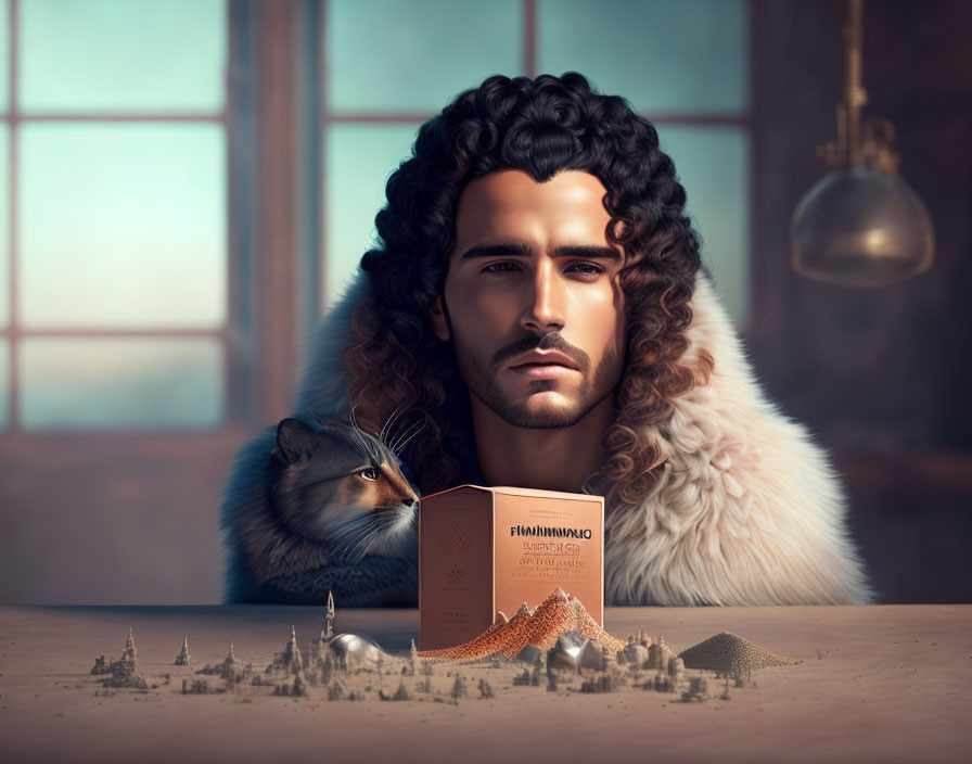 Curly-Haired Man Reading Book by City Model with Raccoon and Light Bulb