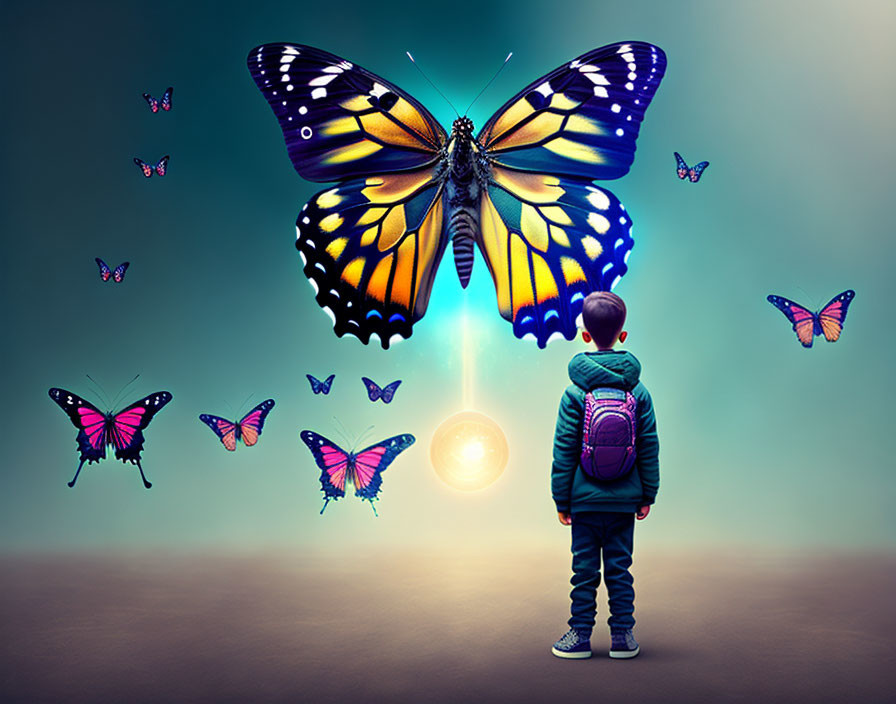 Boy with backpack gazes at glowing butterfly in dreamy teal scene