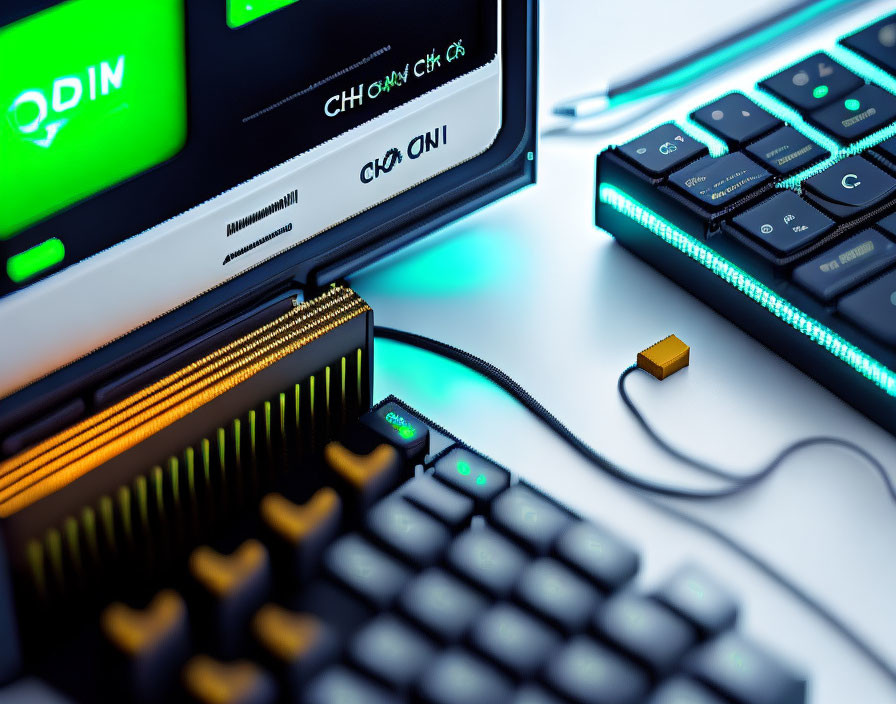 Computer setup with LED RAM sticks, keyboard, and green graphics monitor.