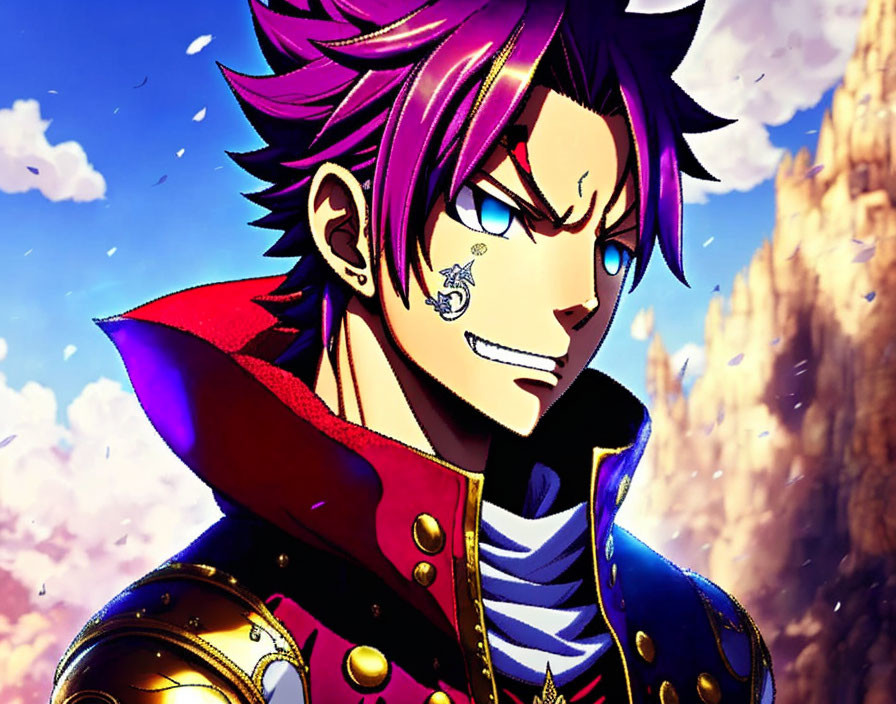 Spiky Purple-Haired Animated Character in Red and Black Jacket