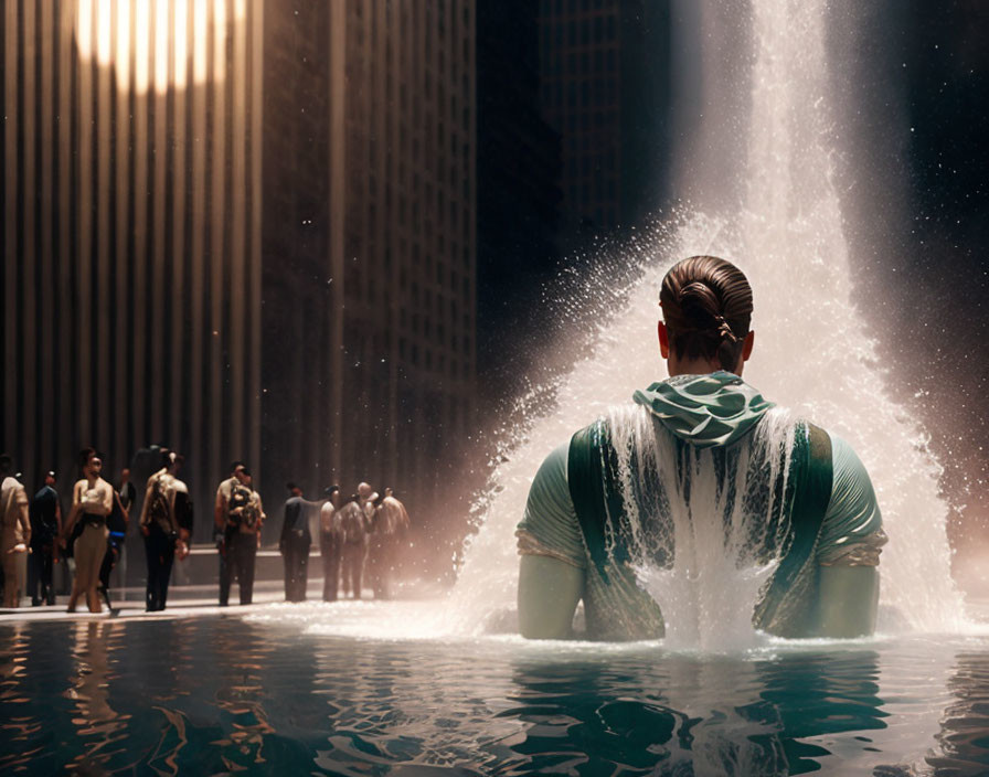 Person partially submerged in city pond with spectators, skyscrapers, and splash.