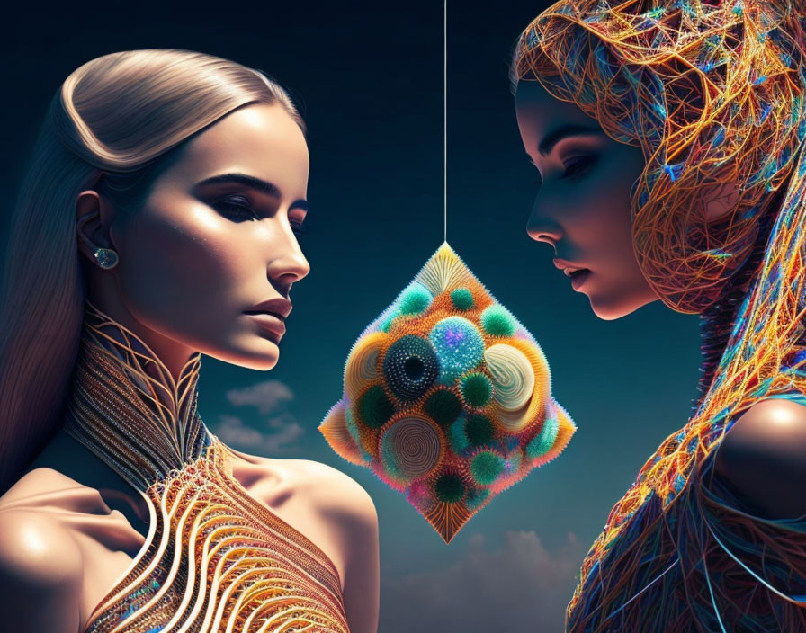 Stylized women with metallic and wireframe designs face off with colorful geometric shape