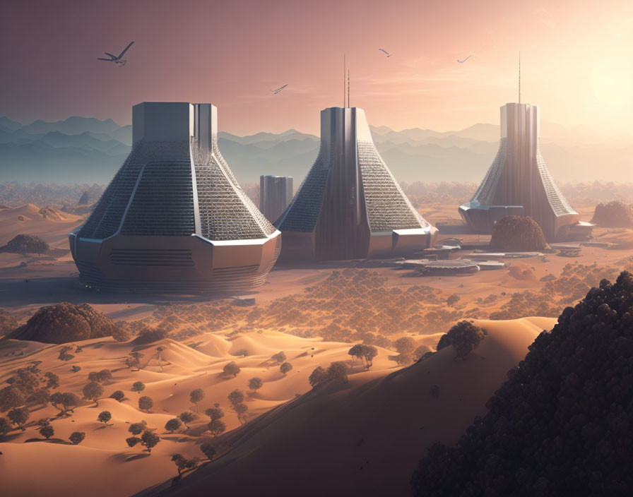 Futuristic honeycomb buildings in desert sunrise landscape