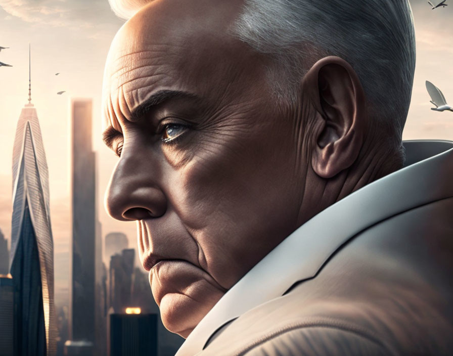 Mature man with white hair in beige coat, skyscraper background, and flying birds