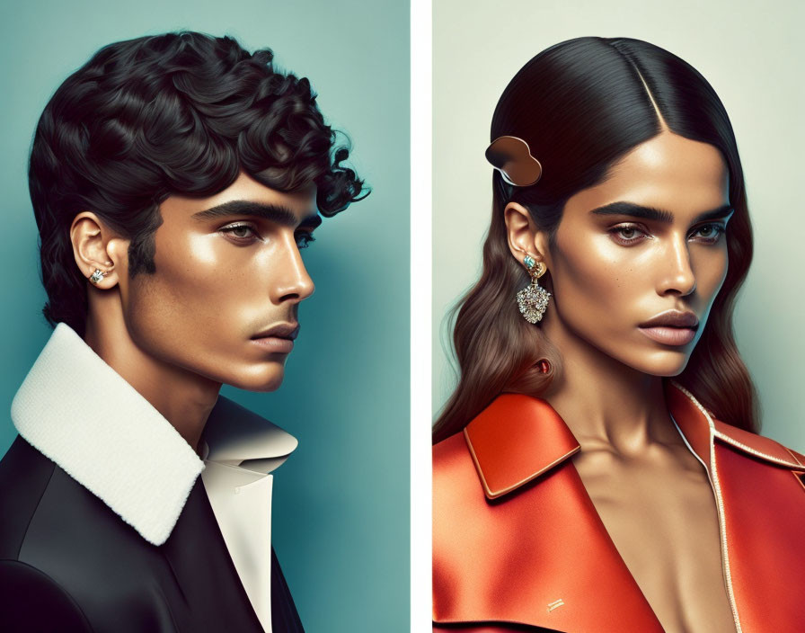 Man and woman side profiles with stylized hair and makeup, man in black jacket, woman in red