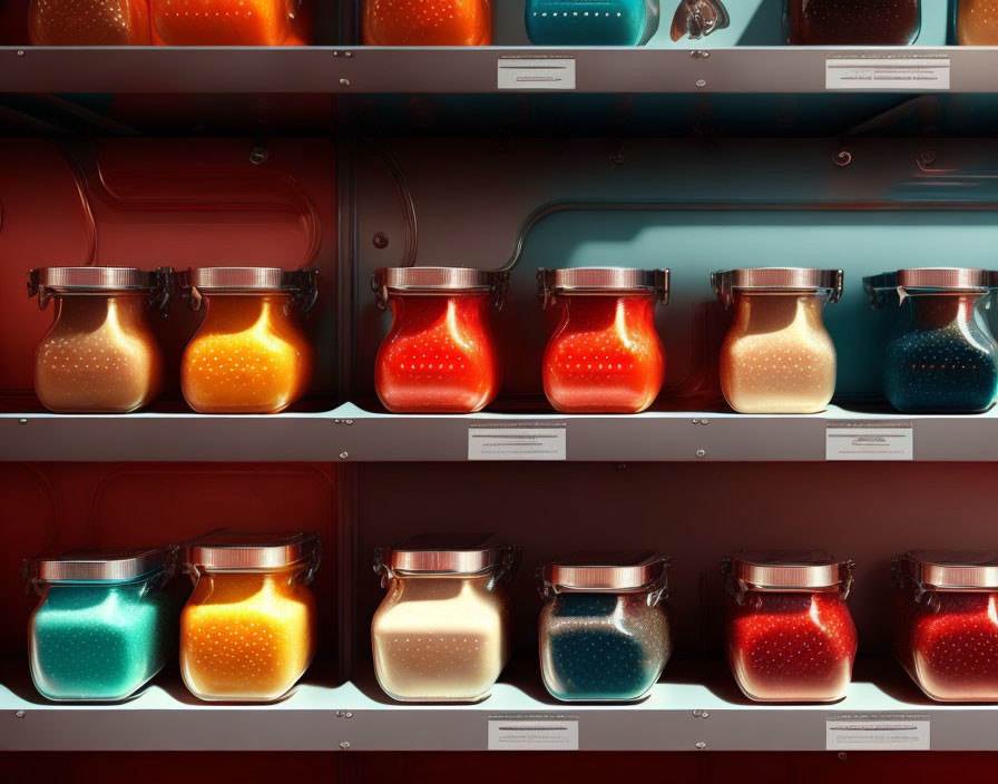 Vibrant substances in jars displayed on lit shelves