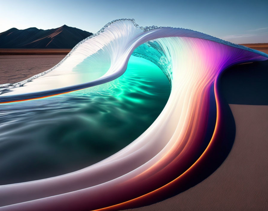 Vibrant iridescent wave in desert landscape with distant mountains